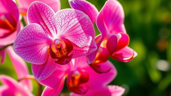 Close-up of vibrant pink low light orchids with dew drops