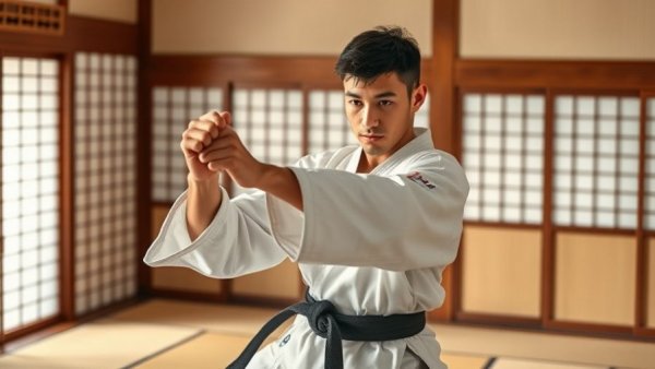 Focused man self-training in karate in traditional Japanese room.