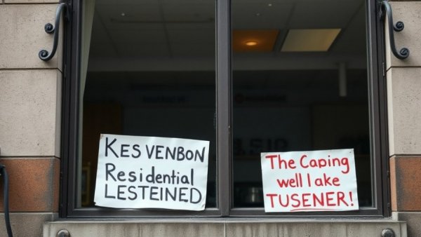 Protest signs in building window highlighting rental property oversight services concerns.