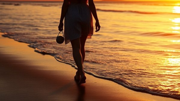 Sunset beach walk with reflections, serene and calming scene.