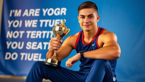 Young athlete in blue jersey posing confidently with trophy indoors.