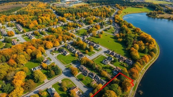 Aerial view of Westport real estate sales area marked in red, vibrant landscape.