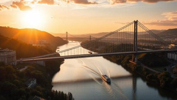 Stunning suspension bridge connecting Canada to Michigan at sunset for tourism.