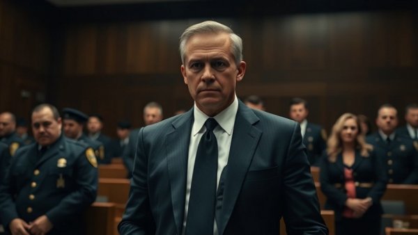 Serious man in court, surrounded by officers, legal battle scene.