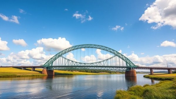 Scenic view of a green bridge over calm river, Michigan travel guide information.