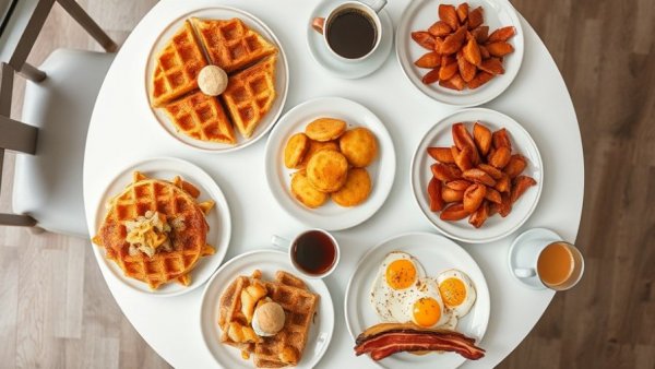 Array of breakfast items on a white table, highlighting breakfast dining franchise opportunities.