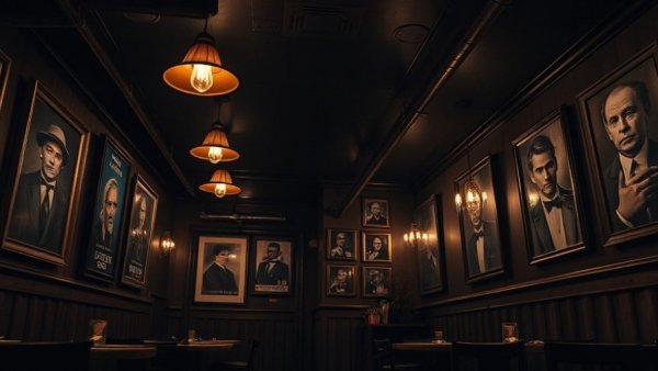 True crime restaurant interior with dim lighting and decor.