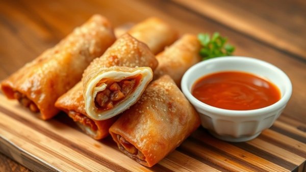Crispy BBQ egg rolls with savory filling on a plate with sauce.