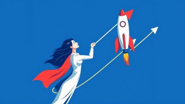 Illustration of solopreneurship trends with woman and rocket, futuristic theme.