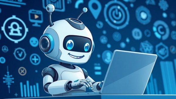 AI for Small Business Operations: robot analyzing data in cartoon style.
