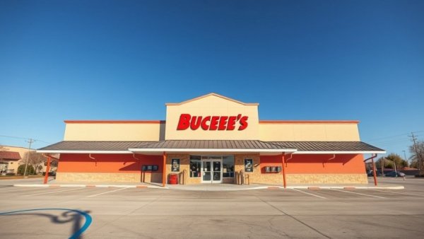 Entrance of Buc-ee's store under clear sky with empty parking lot.