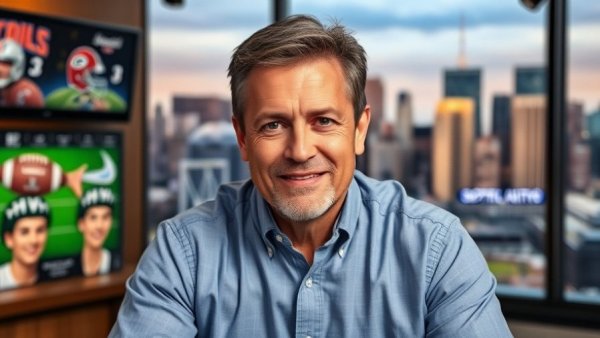 Ireland Contracting Nightly Sports Call host in studio with city backdrop.