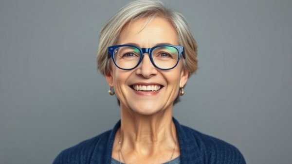 Cheerful woman with glasses smiling, close-up portrait, photorealistic style.