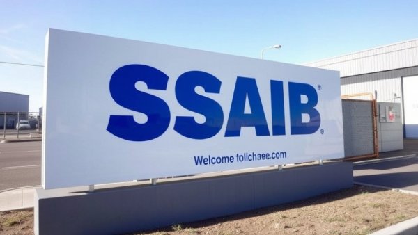 Welcome to SSAB sign at industrial plant entrance.