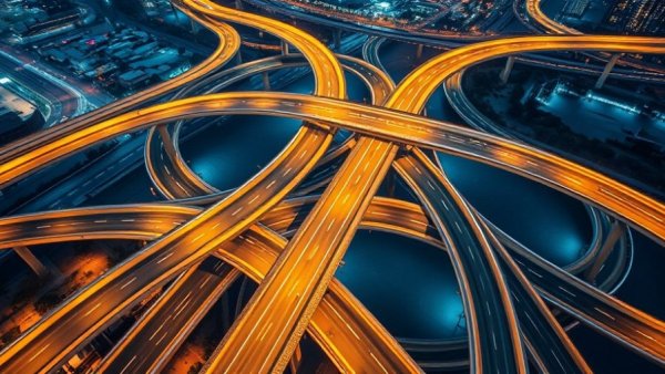 Futuristic highway interchange at night, showcasing vibrant infrastructure in Michigan.