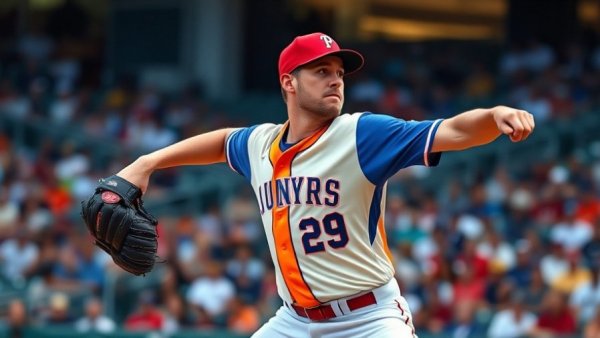 Colorful baseball pitcher delivering a pitch in a lively game.
