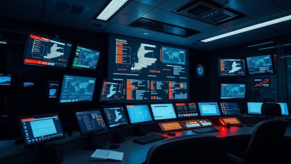 Modern office workspace with control panel and screens.