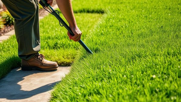 Lawn care worker edging grass along path in Shelby MI
