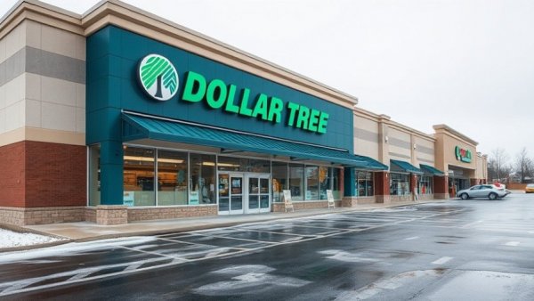 Modern retail building transitioning to Dollar Tree, overcast day.