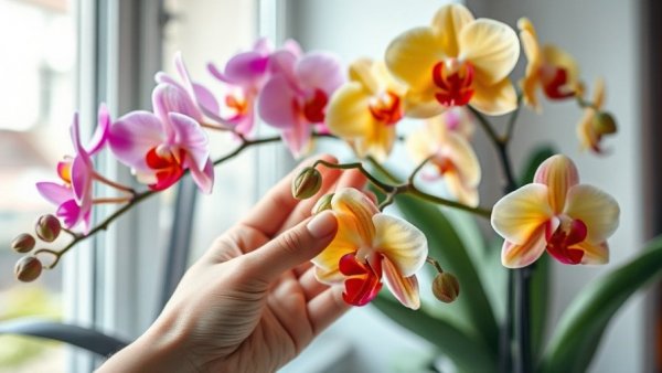 Hand tending colorful orchids with care in soft natural light.