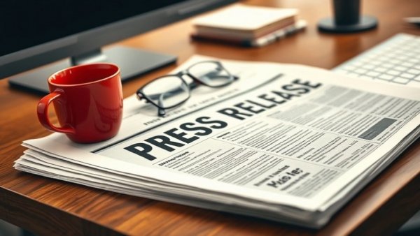 Press release newspaper with coffee and glasses on wooden desk.