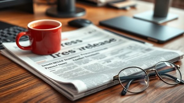 Press release and coffee on desk, Michigan construction crane services.