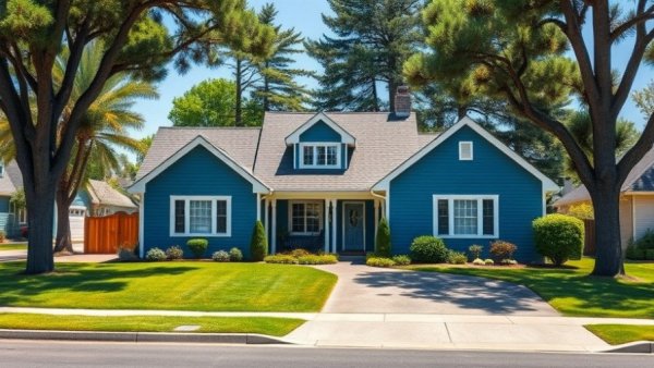 Neat blue house in Warren County within budget, sunny street view.