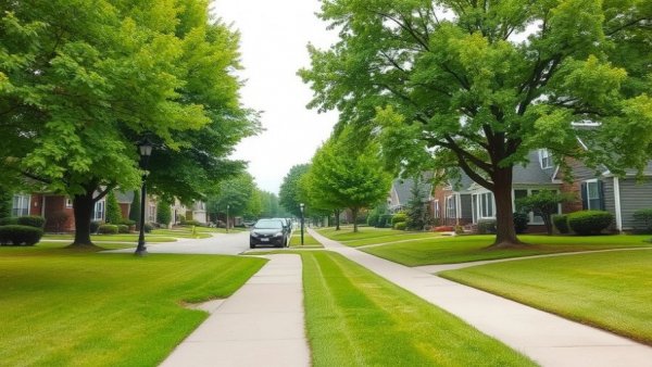 Suburban neighborhood with greenery and parked cars under overcast sky.
