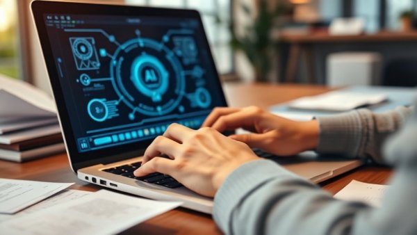AI integration in the workplace: Hands typing on laptop with AI interface.