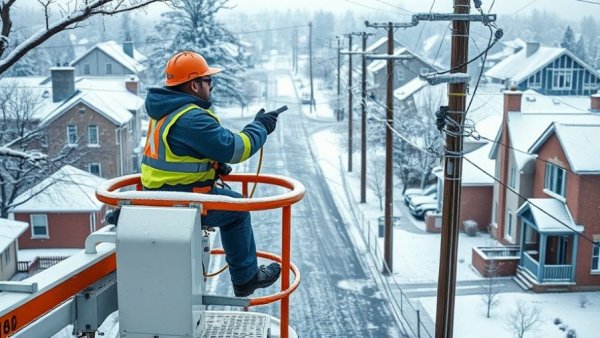 Utility worker in snowy Michigan neighborhood maintenance work.