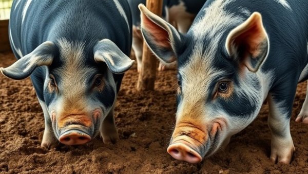 Pigs on a farm showcasing rustic environment related to agriculture.