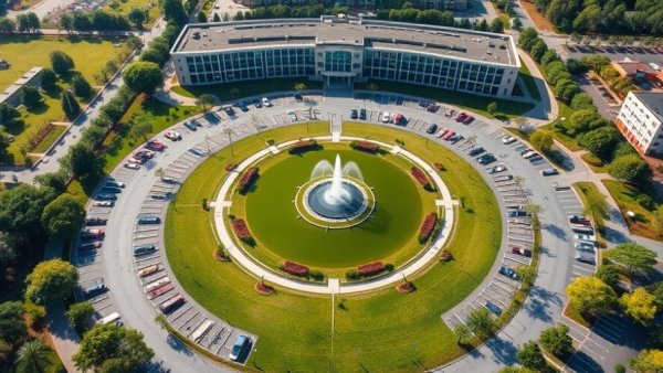 Aerial view of modern office complex and parking with greenery.