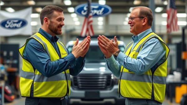 Auto reviews Michigan - Men clapping at Ford factory.