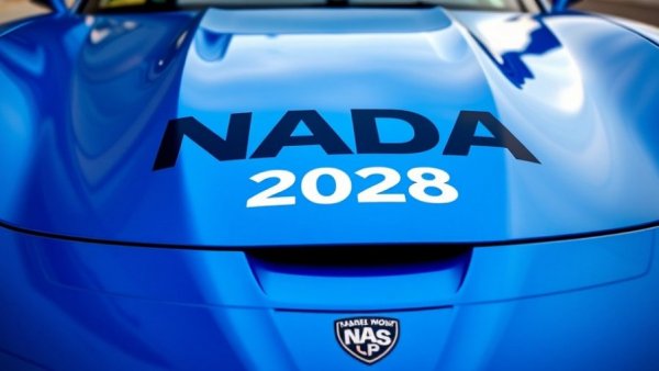 Blue sports car featuring 'NADA Show 2026' text on hood at auto show.