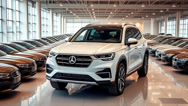 Modern SUV in showroom and large parking lot, China automotive industry superpower.