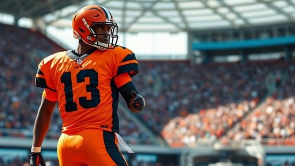 Bengals player focused on field under bright stadium lights.