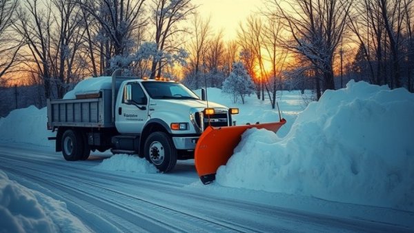 Snow plow truck removing snow from driveway in Muskegon at sunset.