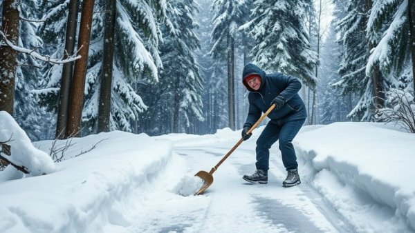 Man clearing snow from driveway in Muskegon forest setting