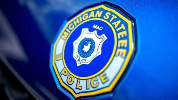Close-up of Michigan State Police emblem on car.