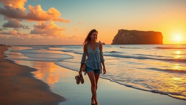 Sunset beach walk by a young woman, serene scene.
