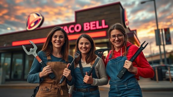 Sale-leaseback Taco Bell property Louisville with two women holding tools outside the building.