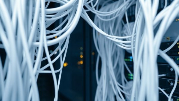 Complex network cables in a data center, related to AI job cuts in the UK.