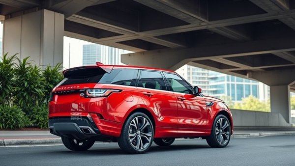 Red luxury SUV parked under a modern city bridge.
