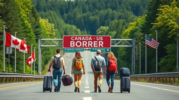 Travelers walk towards Canada-US border, highlighting tourism decline.