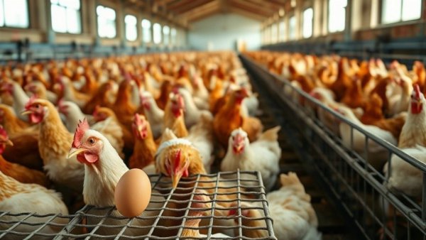 Chickens in cages on a farm referencing Michigan cage-free egg law.