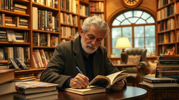 Author at book signing event for a Michigan time travel novel in bookstore.