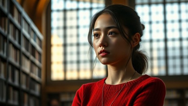 Young woman contemplating in dimly lit room, travel ban impact.