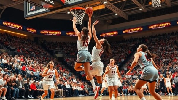 Kim Barnes Arico 300th win scene: Basketball action with players mid-jump.