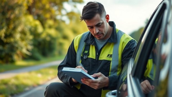 Roadside assistance service addressing a car breakdown on a tree-lined road, showcasing potential business.