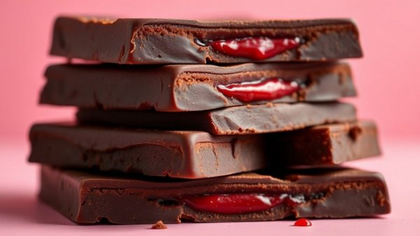 Stack of chocolate bars with red filling; chocolate recall Michigan salmonella concern.